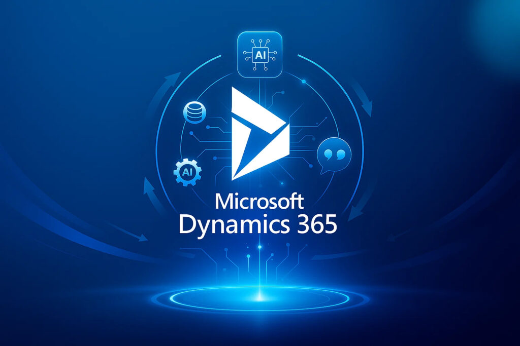 Visual of AI integration with Dynamics 365 using neural networks, data flows, and business app icons