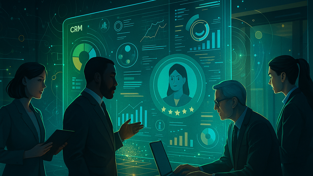 Professionals using holographic CRM in a futuristic ban