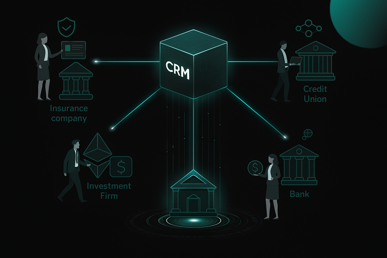 Different financial institutions linked by central CRM hub