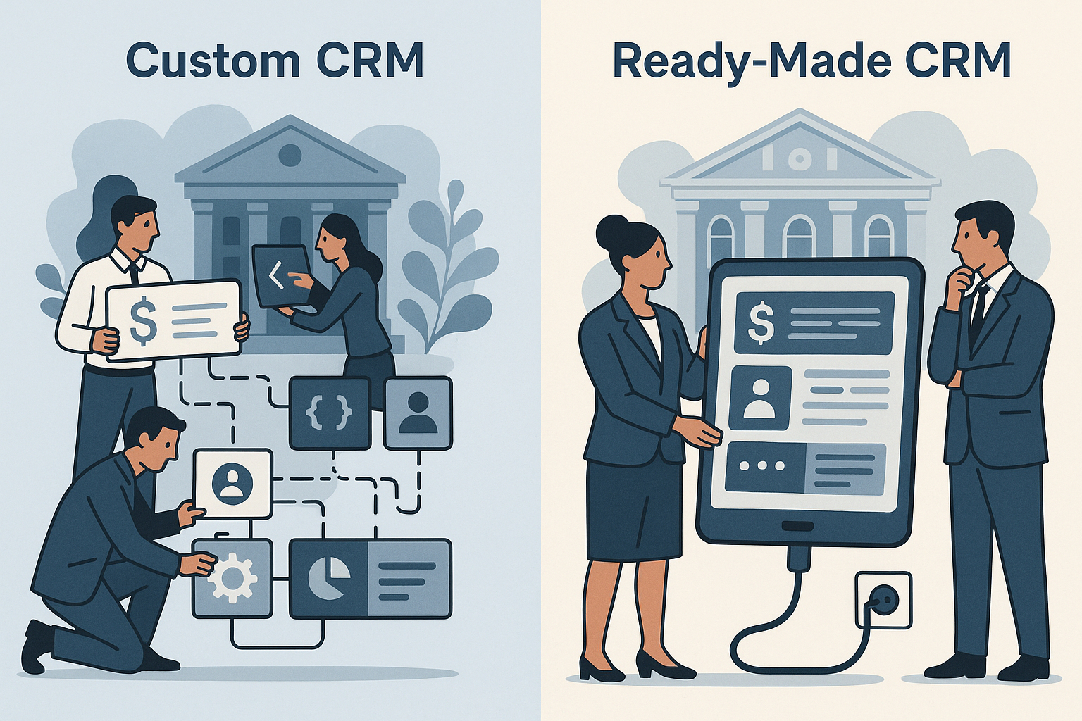 Split scene showing custom CRM building vs ready-made CRM use