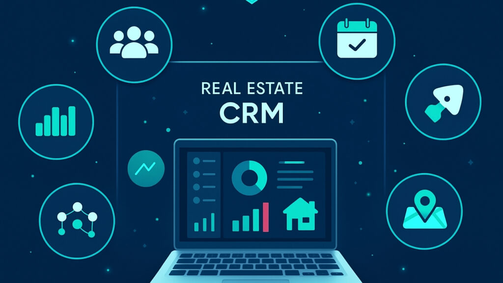 Person in front of CRM interface showing charts and real estate icons