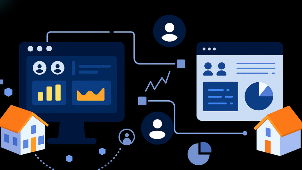 Split-screen comparison of custom and ready-made CRM interfaces with real estate elements like property icons and dashboards