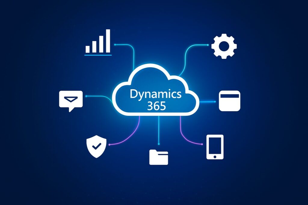 Mobile device with Dynamics 365 UI surrounded by tech icons and glowing lines