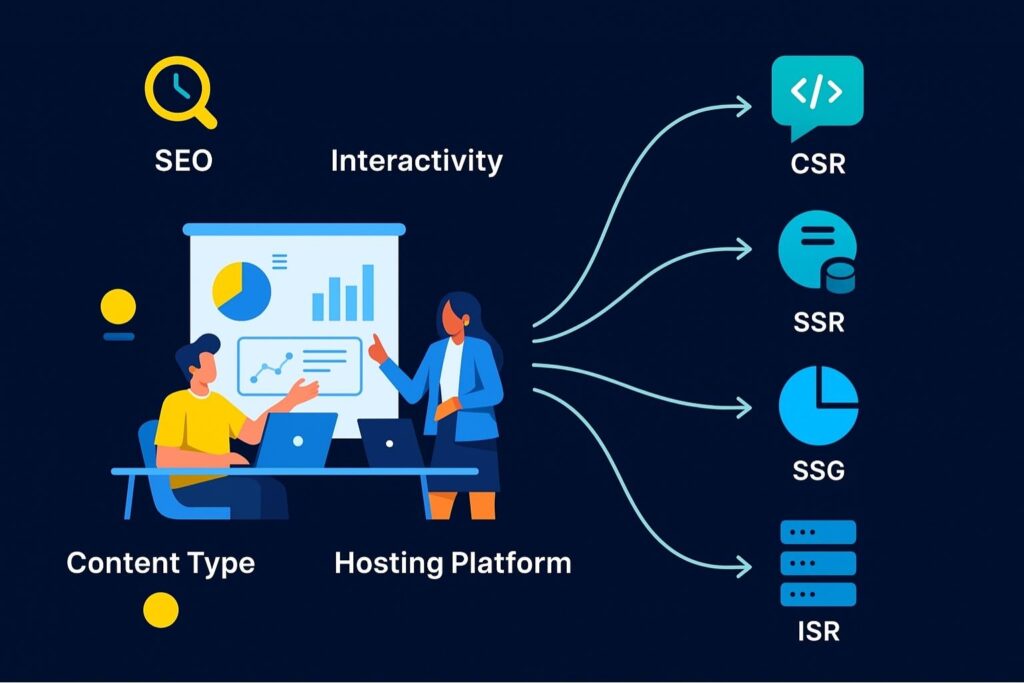 Flowchart-style image showing factors like SEO, interactivity, and content type leading to different rendering methods