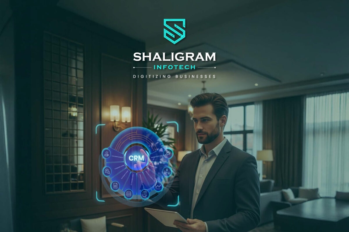 Abstract digital interface showing hotel CRM technology features and benefits