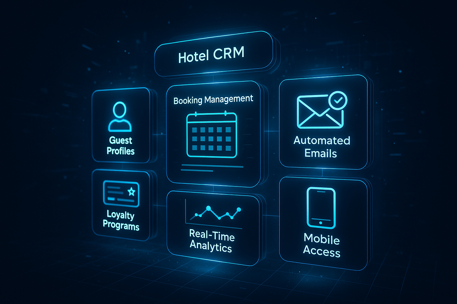 Tech-focused dashboard visualizing key CRM features for hotels