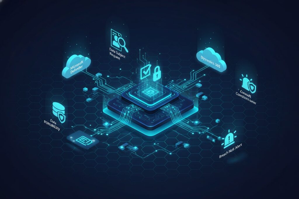 illustration showing encryption audit logs certificates and regulatory compliance with Dynamics 365