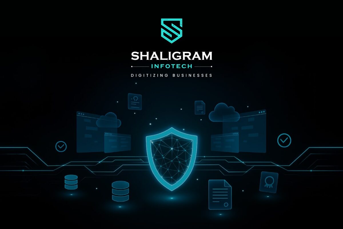 tech illustration showing security shields, data streams, cloud, and Dynamics 365 interface