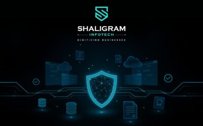 tech illustration showing security shields, data streams, cloud, and Dynamics 365 interface