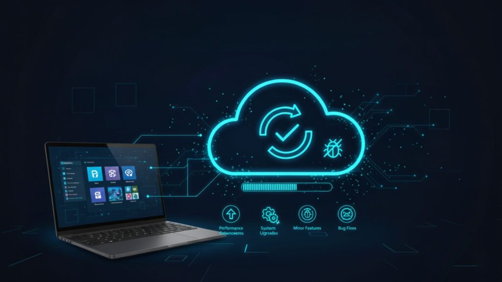 Visual of Dynamics 365 service updates with a glowing cloud, progress bars, and performance monitoring