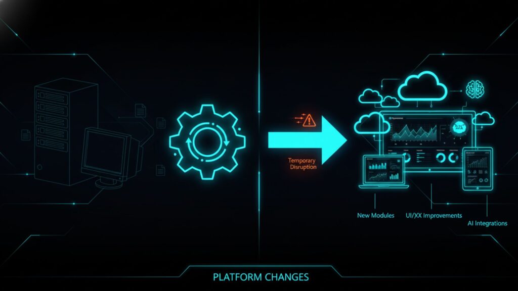 showing the transition from old tech to Dynamics 365 cloud with new modules and AI integrations