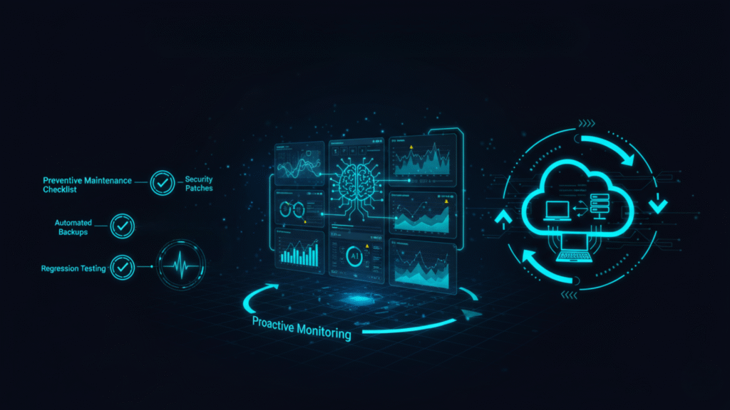 Design showing proactive maintenance for Dynamics 365 with AI insights, analytics, and a preventive checklist