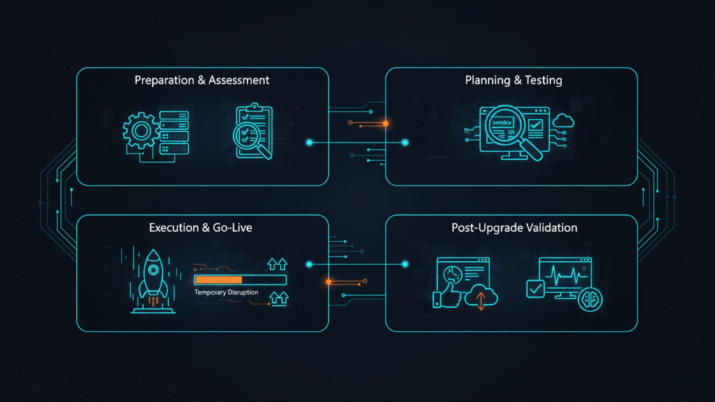 Neon-style infographic showing steps in a Microsoft Dynamics 365 upgrade