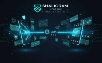 3D visualization of mobile phones displaying native app high-frame-rate performance and code elements