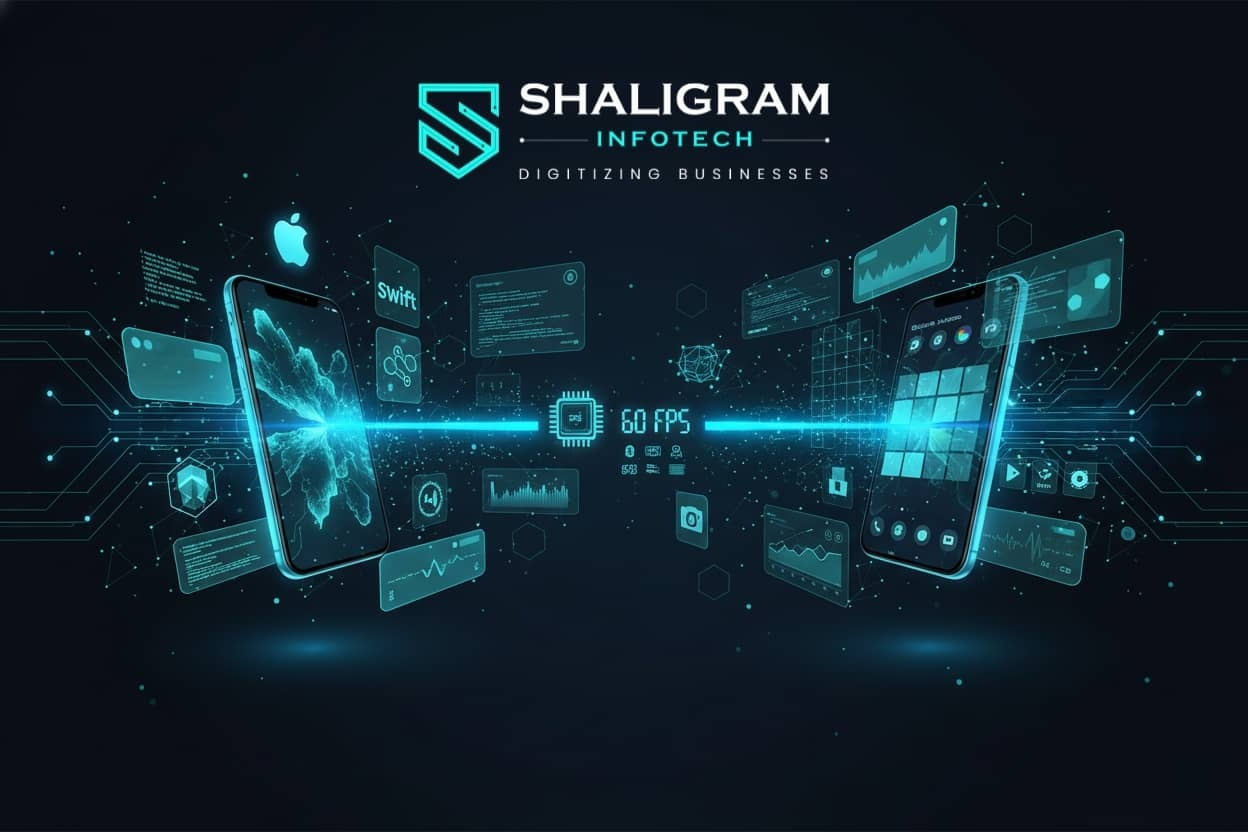 3D visualization of mobile phones displaying native app high-frame-rate performance and code elements