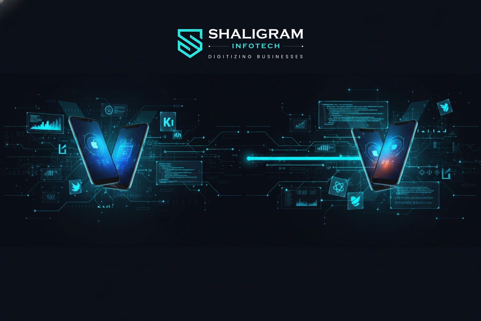 Native vs Cross-Platform Mobile Apps Showcasing with smartphones and digital tech graphics