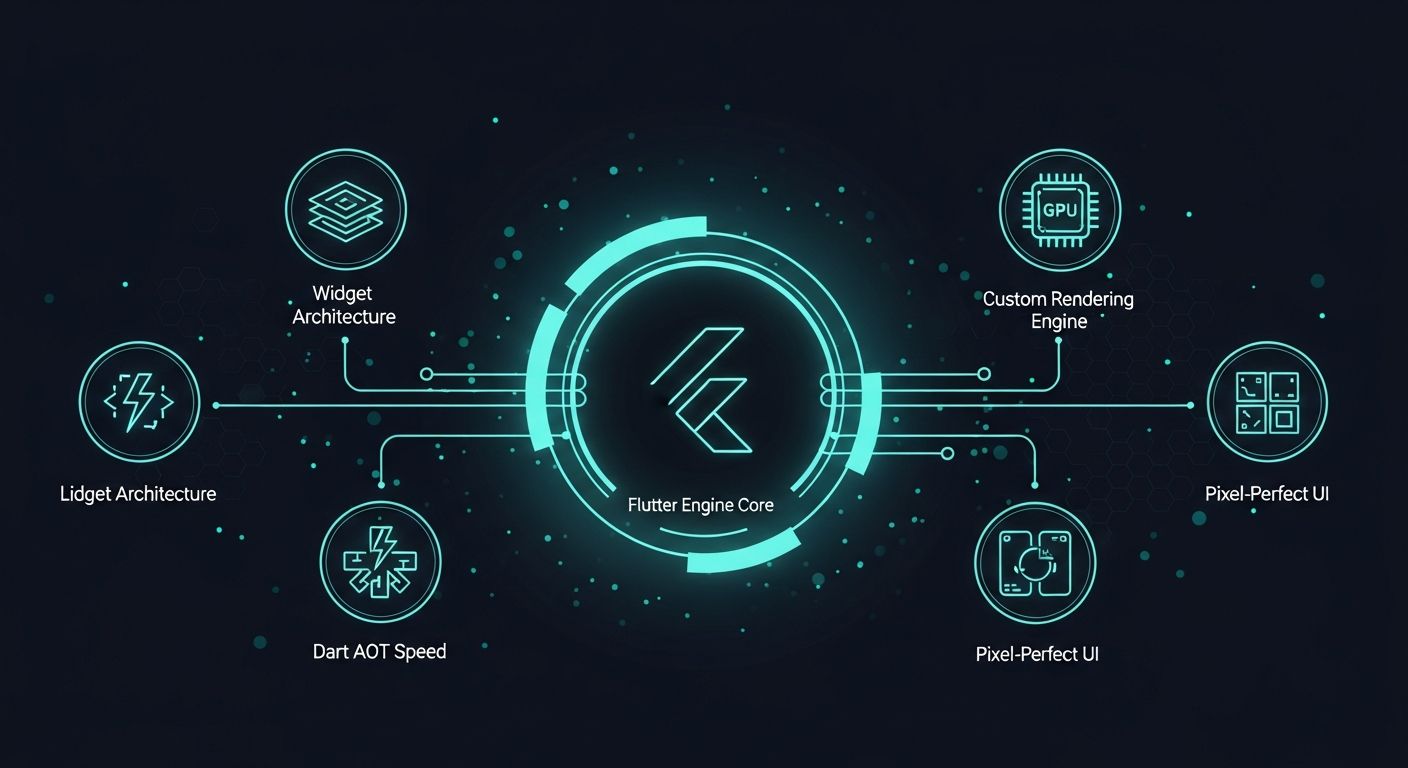 Neon tech diagram showing Flutter’s rendering engine, widgets, performance, and multi-platform output
