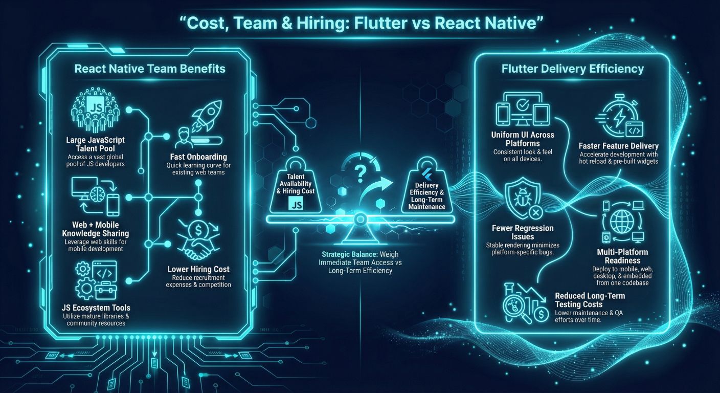 Neon tech comparison of team availability, hiring costs, and delivery efficiency for Flutter vs React Native