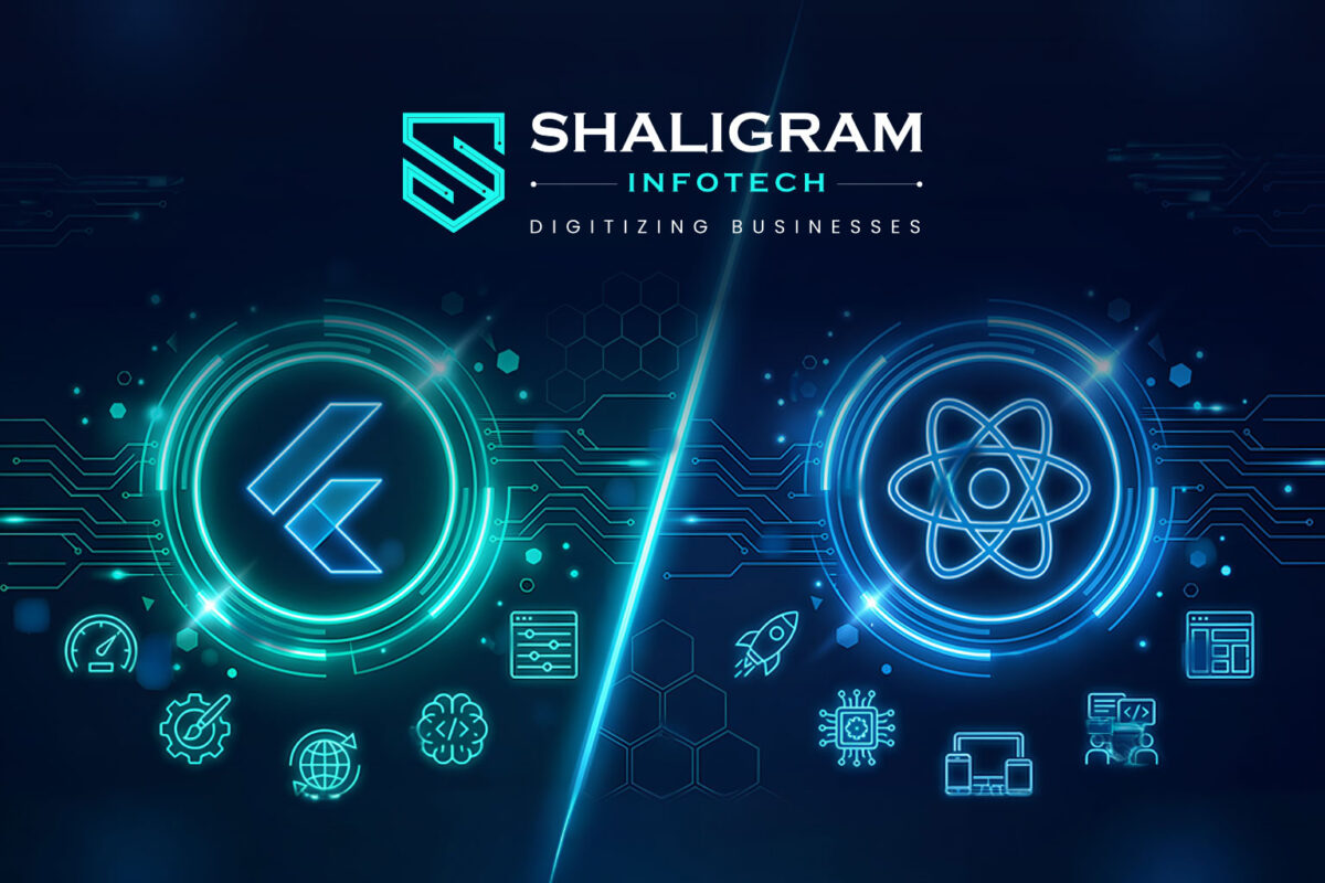 Neon tech split-banner comparing Flutter and React Native with glowing framework logos
