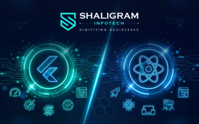 Neon tech split-banner comparing Flutter and React Native with glowing framework logos