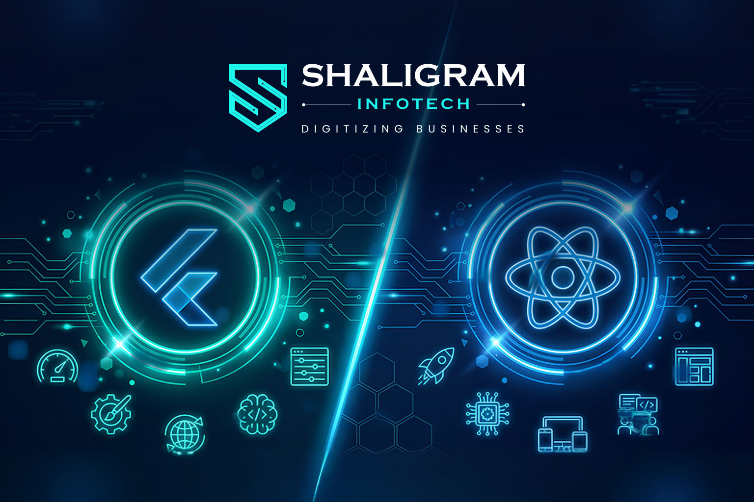 Neon tech split-banner comparing Flutter and React Native with glowing framework logos