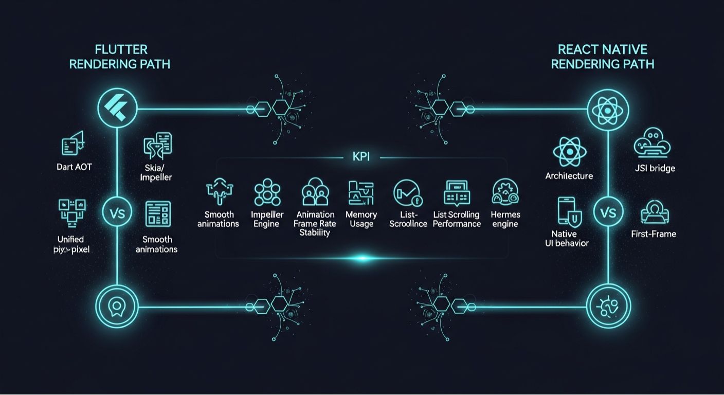 Neon tech comparison of Flutter and React Native rendering pipelines with performance KPIs
