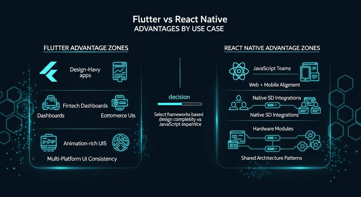 Neon split-view showing when Flutter suits design-heavy apps and when React Native fits JS-driven teams