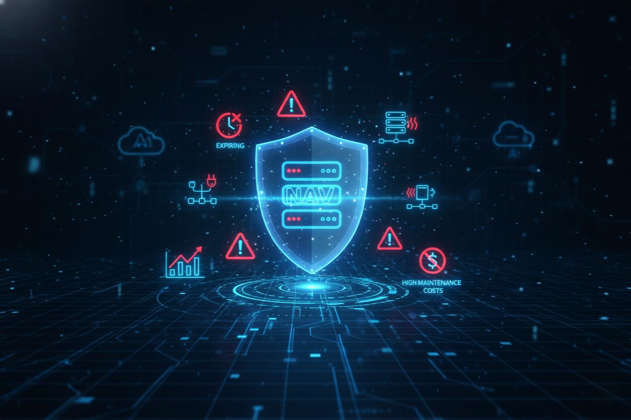 Visual representation of NAV ERP limitations with warning icons and modern cloud technology in the background