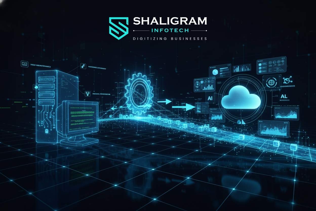 Futuristic digital migration concept showing transition from legacy NAV system to modern Dynamics 365 Business Central cloud