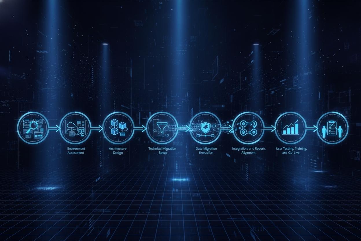 Seven-step digital workflow visual showing NAV to Business Central migration stages