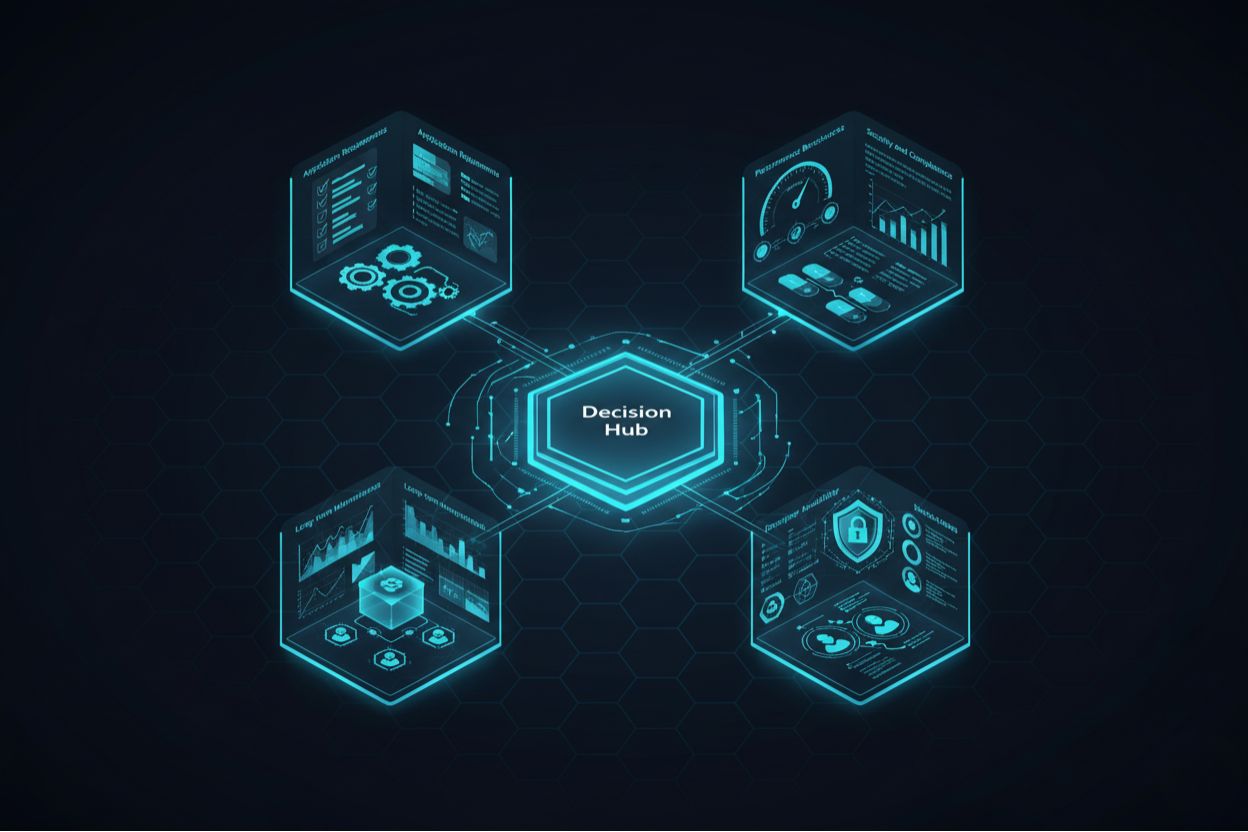 Framework evaluation process showing performance, security, scalability, and maintenance factors
