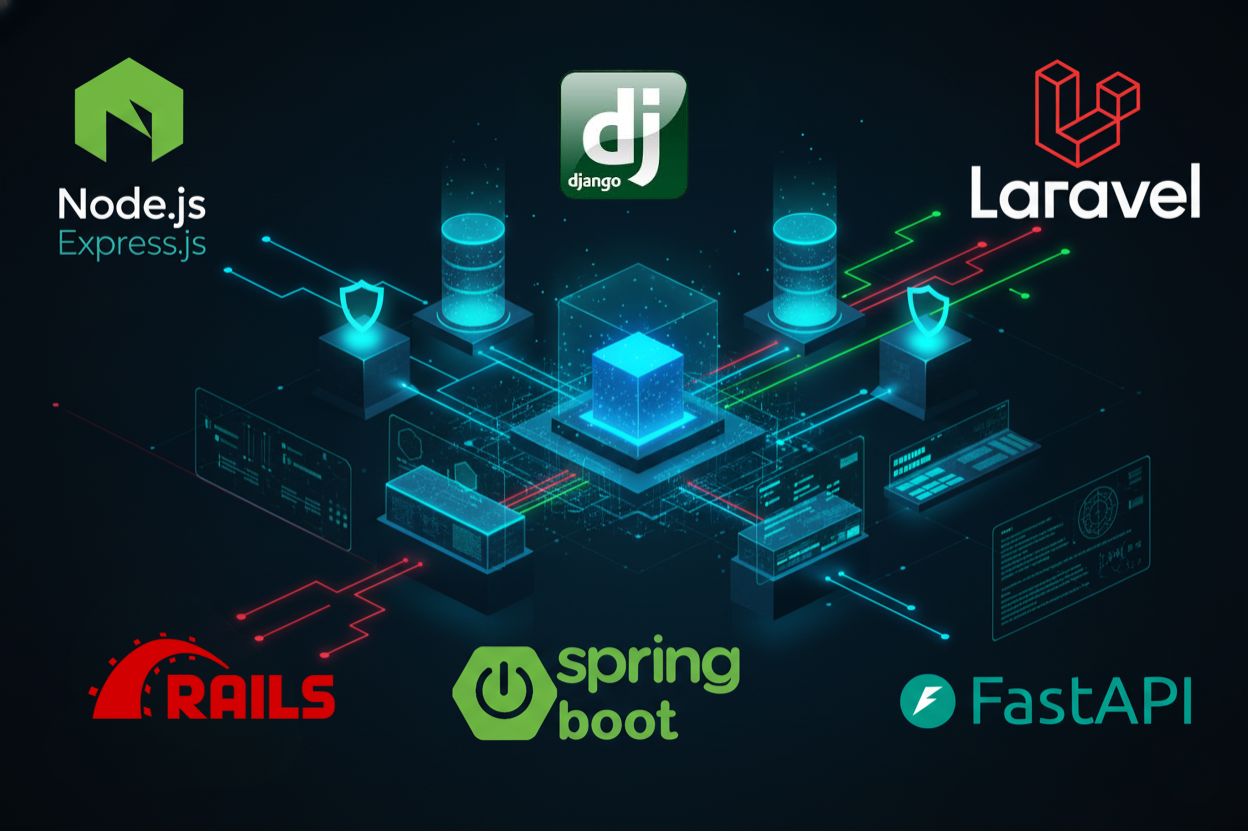 Scalable backend system with servers, APIs, databases, and security layers