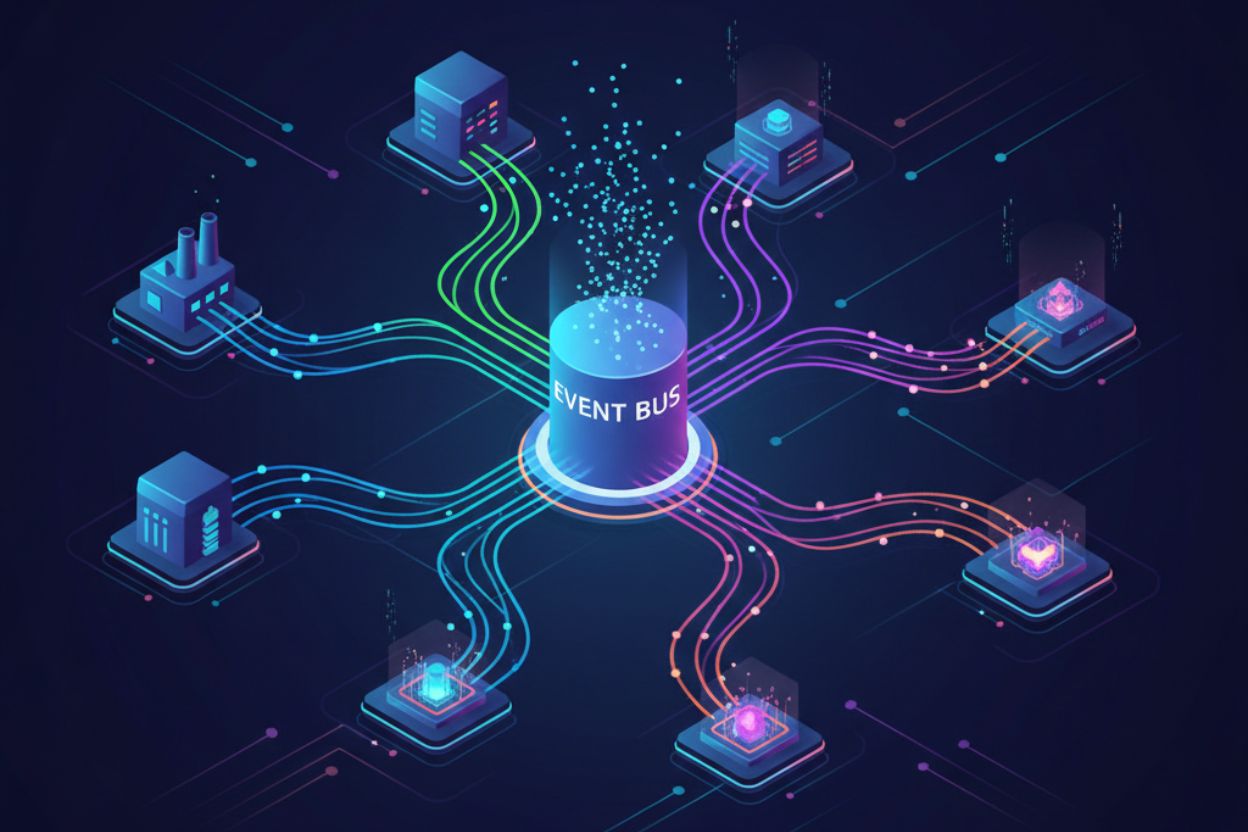 Event-driven architecture with producers, event bus, and consumers