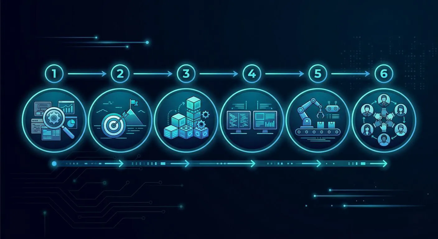 Step-by-step process for modernising legacy systems without disrupting operations, showing six phases from evaluation to stakeholder alignment