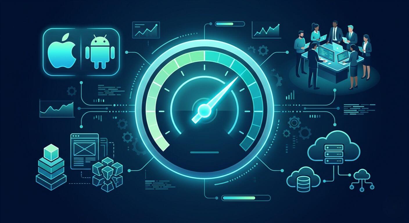Mobile app development frameworks including Flutter, React Native, Swift, and Kotlin illustrated around a central smartphone