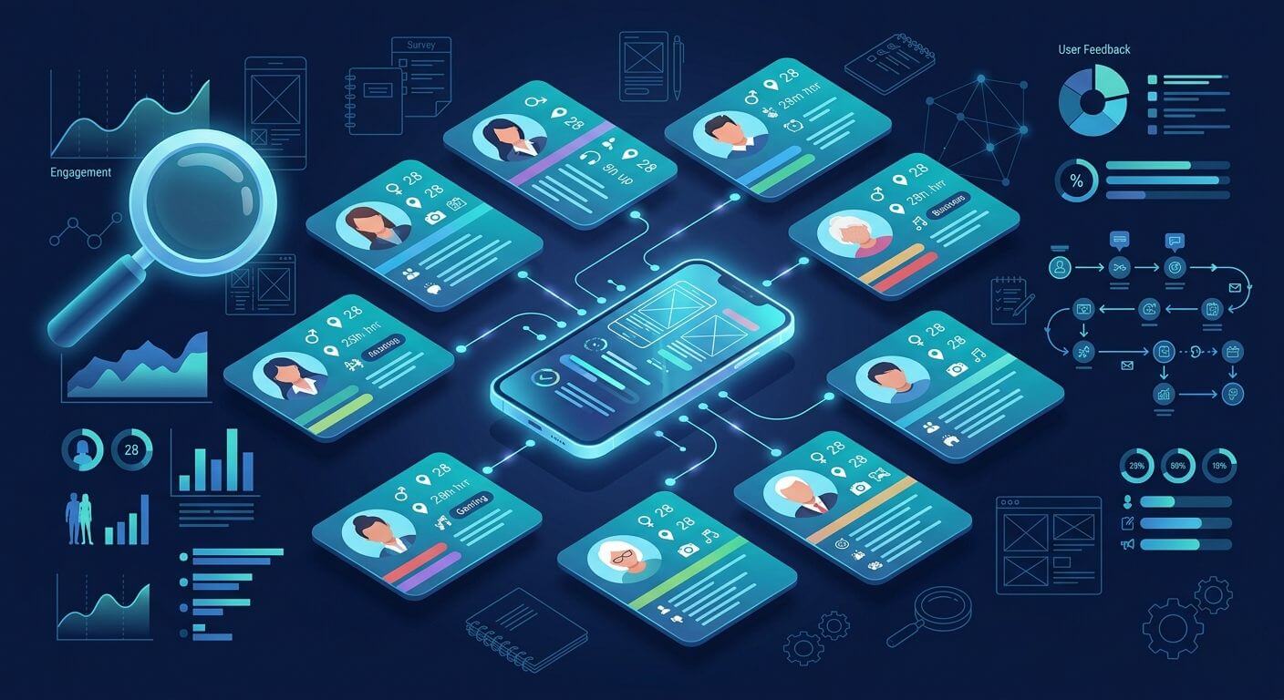 Strategic mobile app development planning illustrated with a roadmap and connected development phase icons