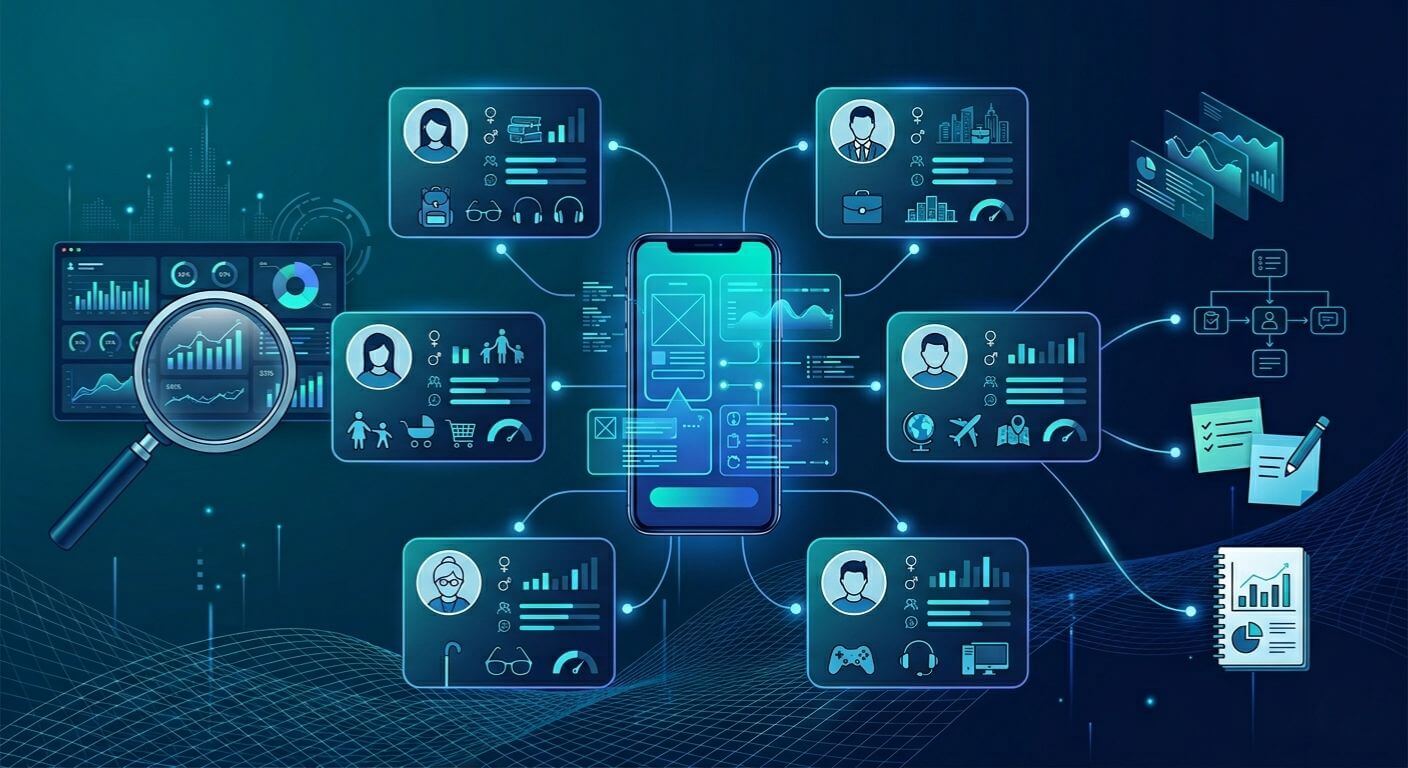 Understanding target users for mobile app development with persona cards and research data icons