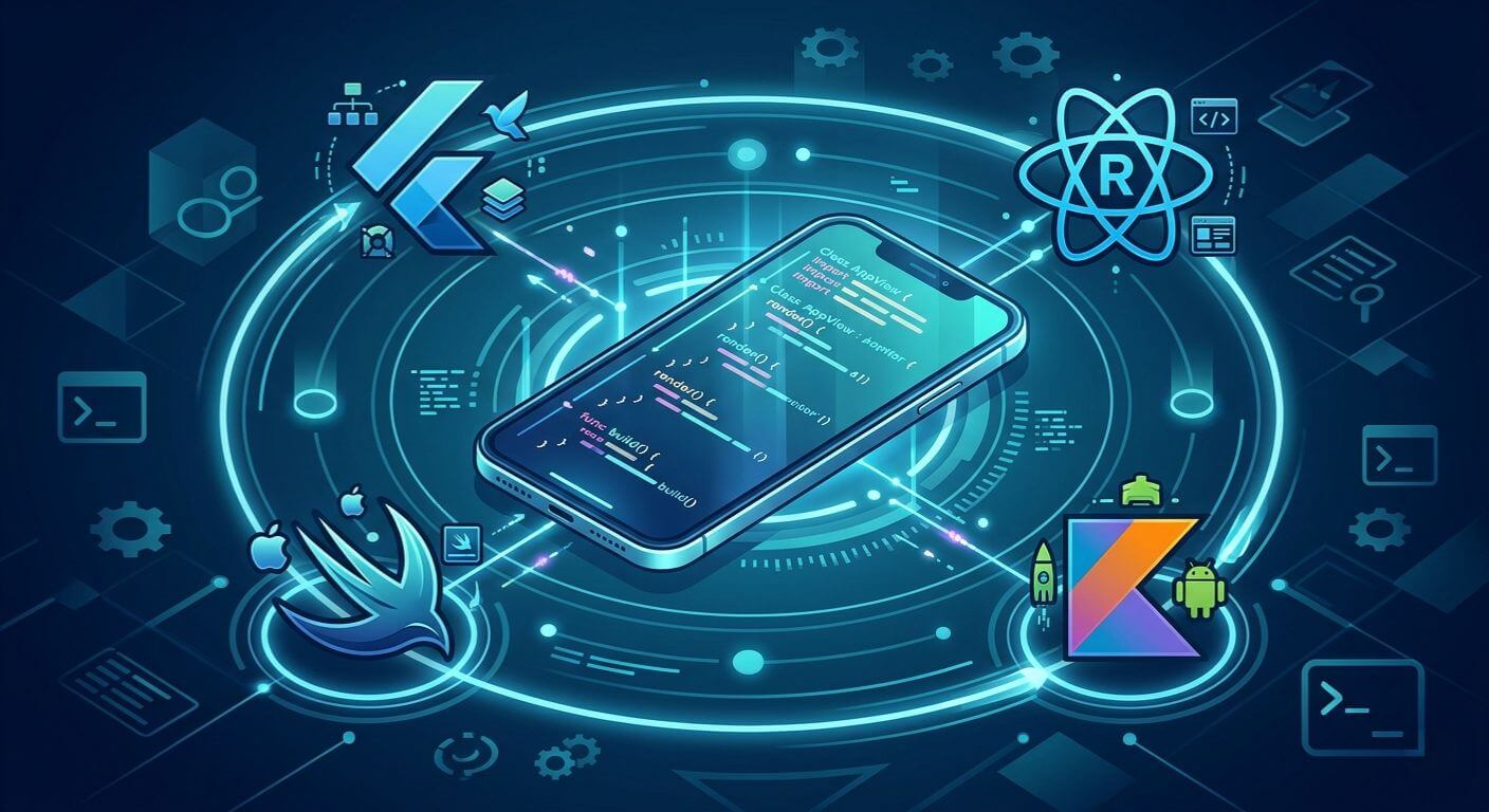 Native vs hybrid mobile app development comparison showing a single codebase branching to both iOS and Android platforms