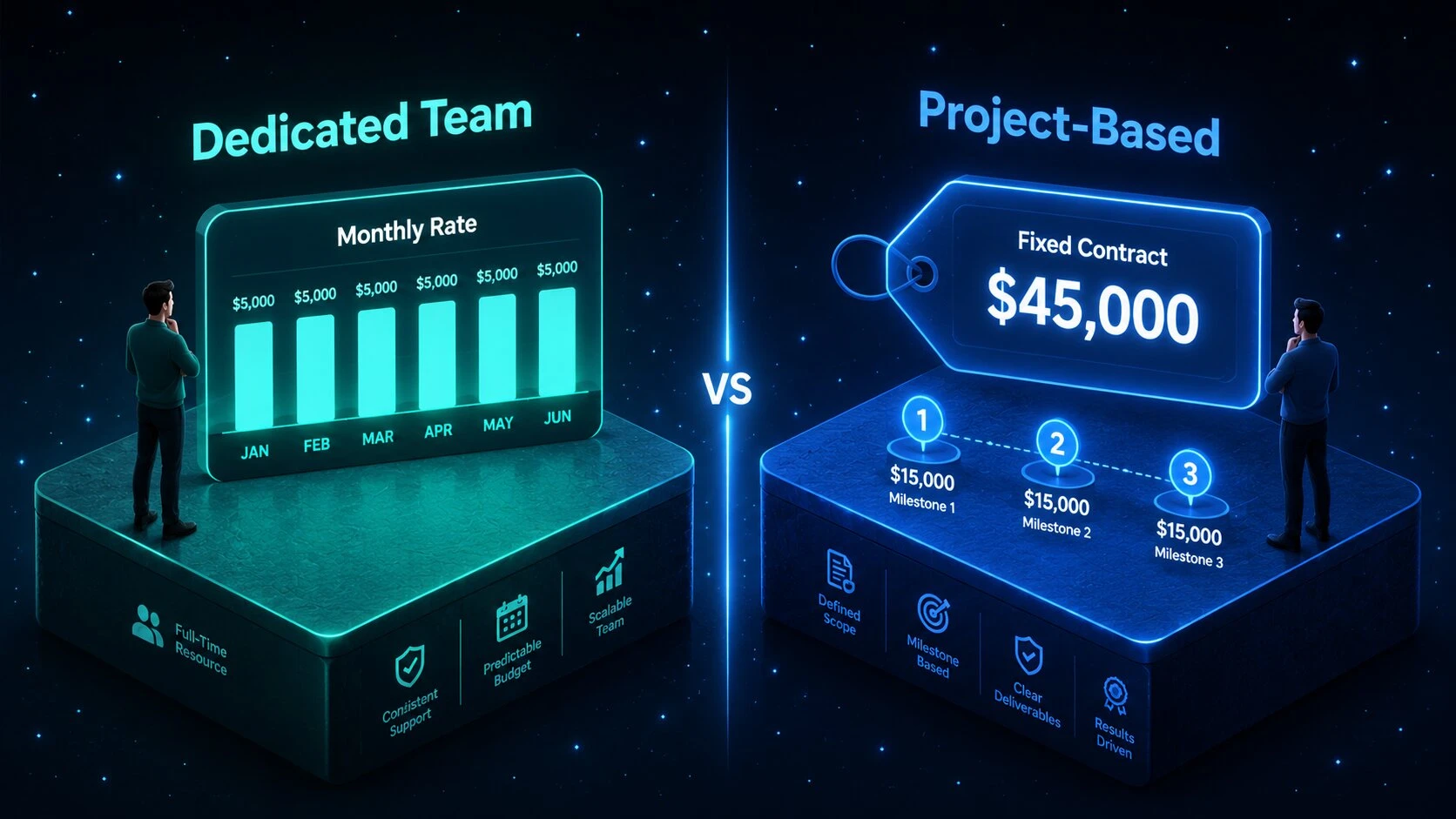 Cost comparison between dedicated development team and project-based outsourcing models on a timeline